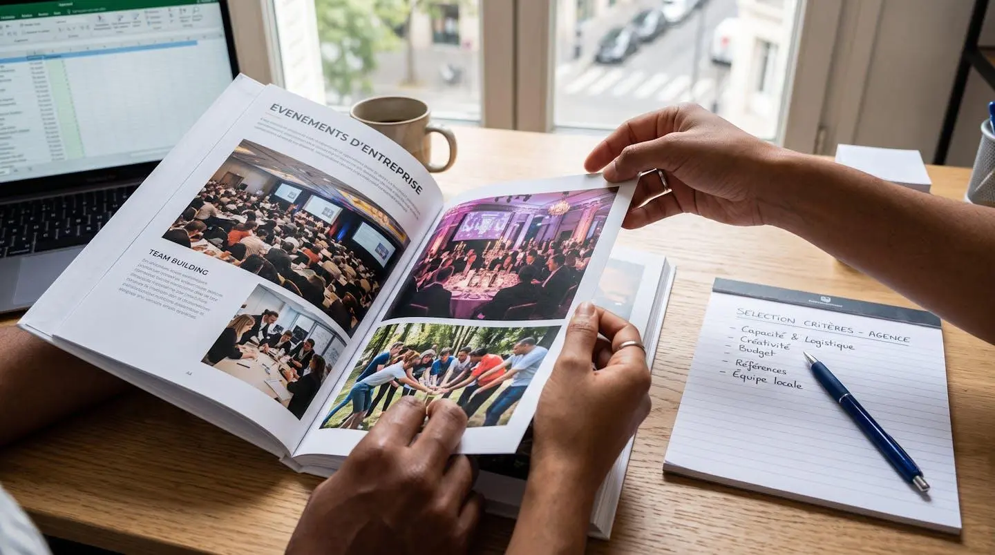 Mains consultant un portfolio imprimé d'agence événementielle avec photos d'événements corporate, carnet de notes avec critères de sélection à côté