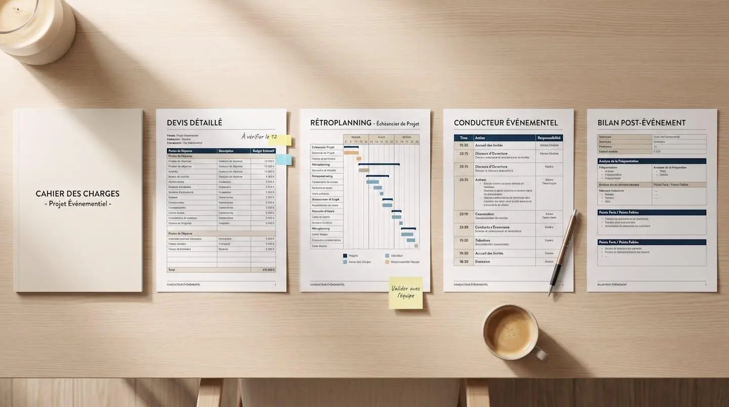 Vue aérienne de documents de projet événementiel disposés chronologiquement sur un bureau : cahier des charges, devis, rétroplanning, conducteur et bilan