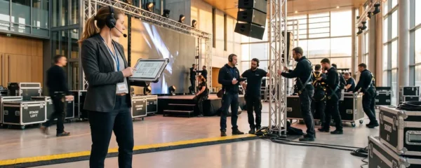 Régisseur événementiel avec casque audio et tablette supervisant l'installation d'écrans LED et structures scéniques dans un grand espace de conférence