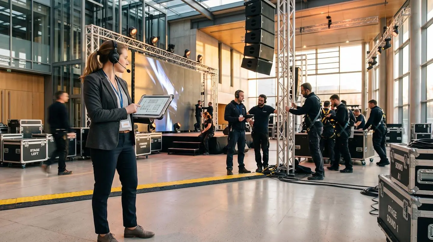Régisseur événementiel avec casque audio et tablette supervisant l'installation d'écrans LED et structures scéniques dans un grand espace de conférence